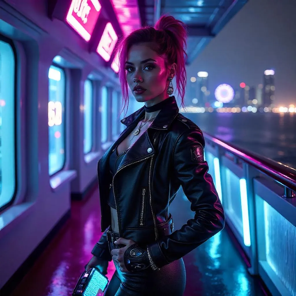 Confident Latina in a Cyberpunk Cruise Ship