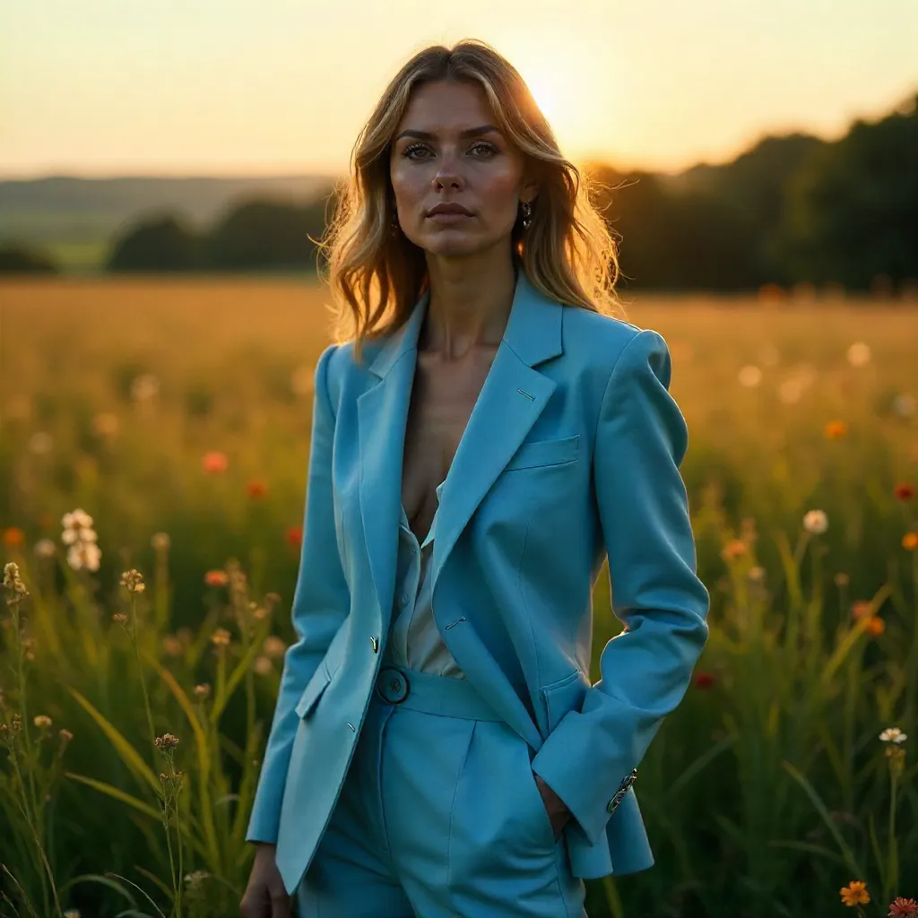 Moody Grassland Elegance in a Light Blue Suit