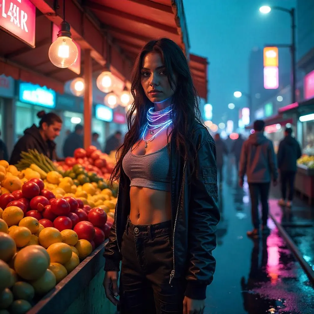 Neon Latina at the Cyberpunk Farmers Market