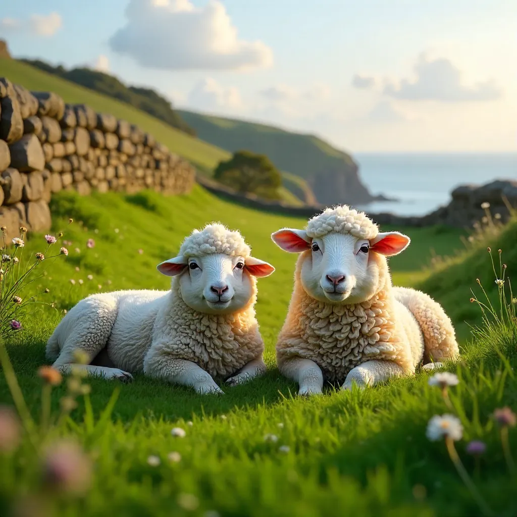 Two Sheep Resting in a Green Bude Countryside