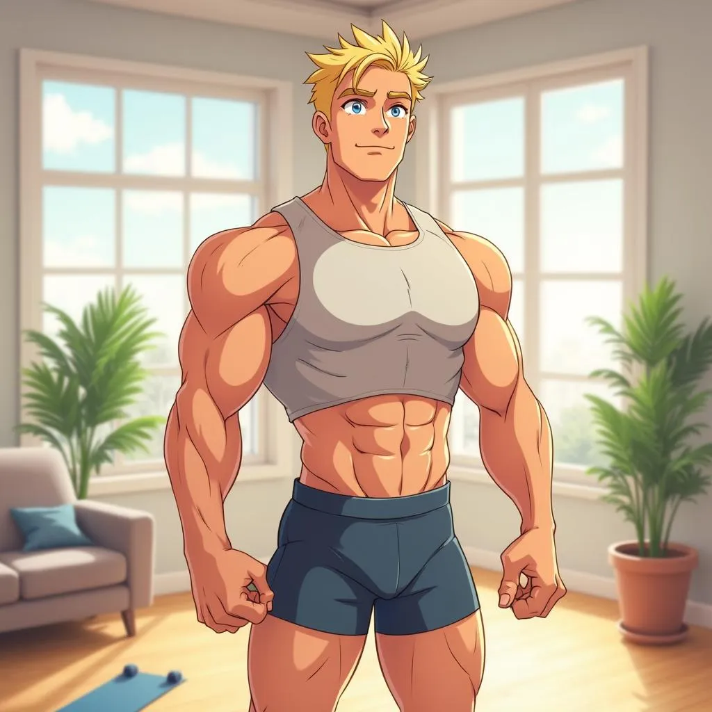 At-Home Anime Strongman in a Modern Living Room