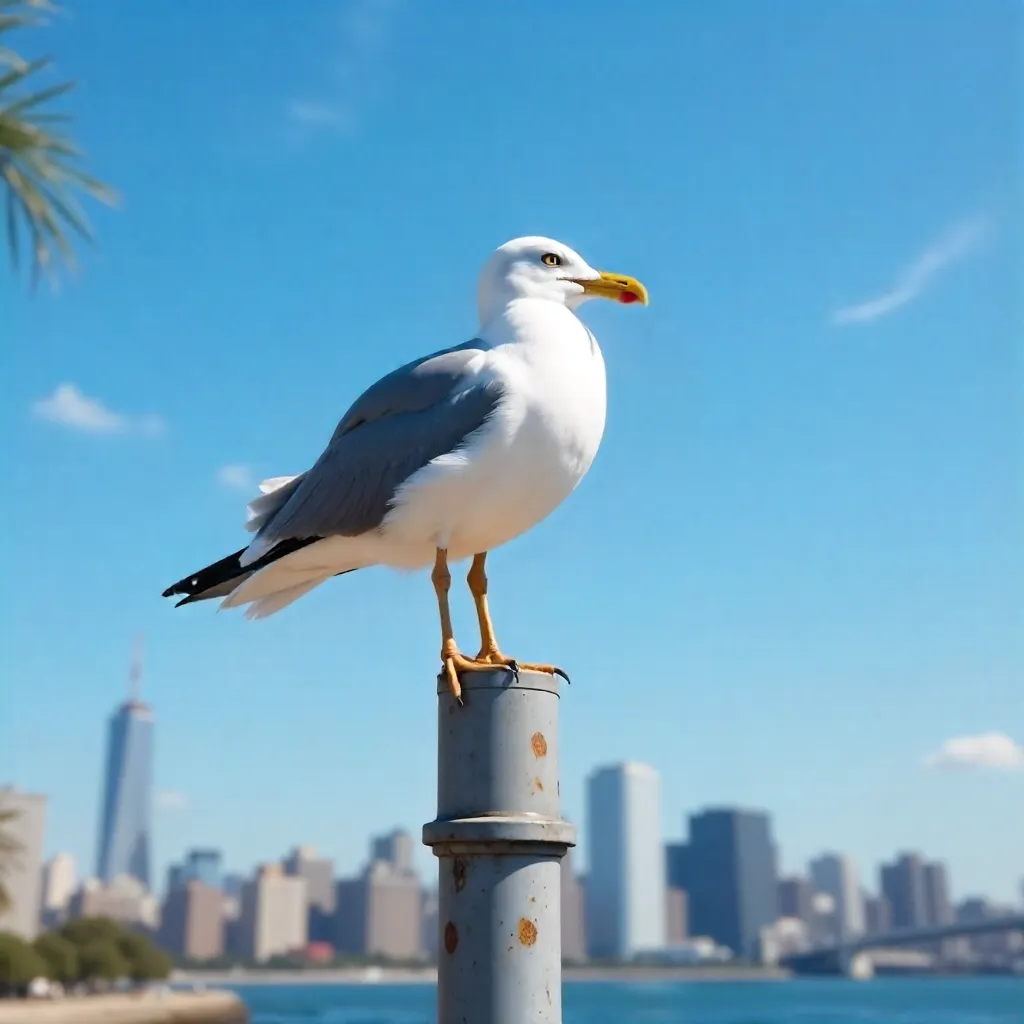 Seagull on a Streetlight Over Blue Urban Sky