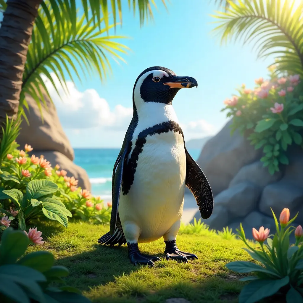 Humboldt Penguin in a Sunny Green Oasis