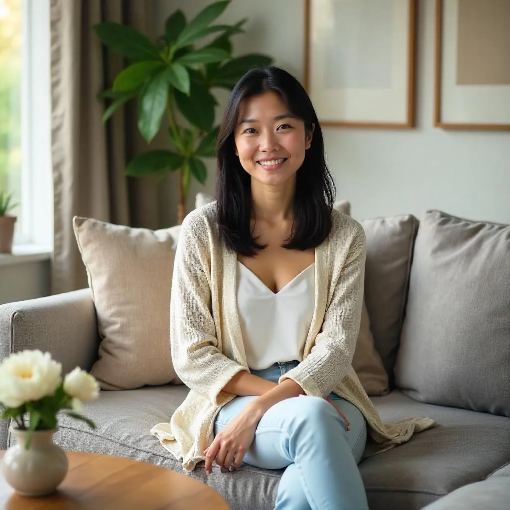 Photorealistic adult Asian woman in a cozy living room