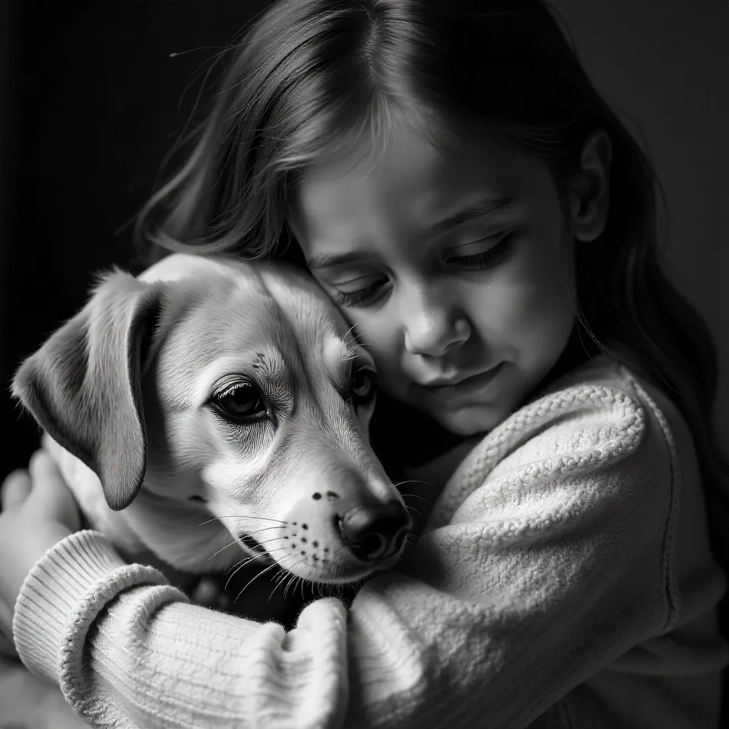 Monochrome Bond: Girl Embraces Her Dog