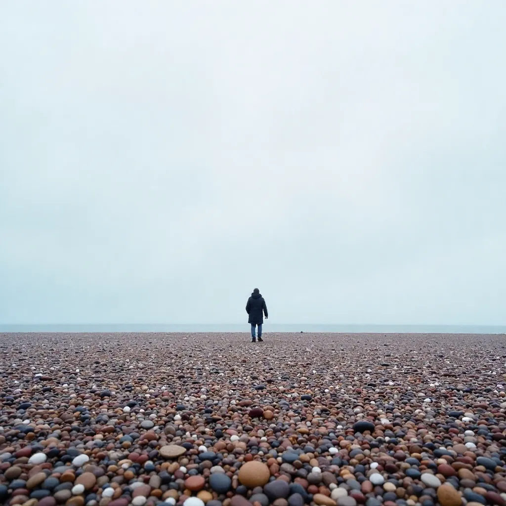 Solitary walk on Brighton pebble beach under a vast sky