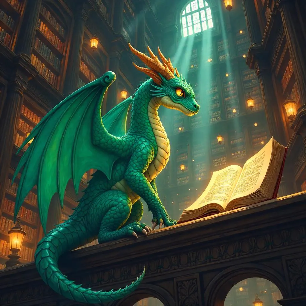 Anime Wyvern in a Magical Library of Arcane Books