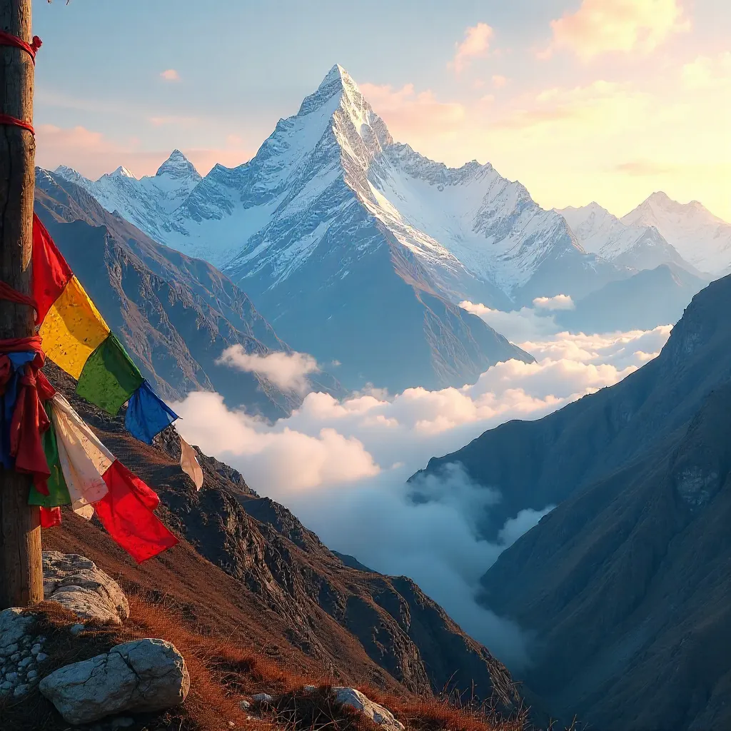 Sunrise Over Himalayan Peaks with Prayer Flags