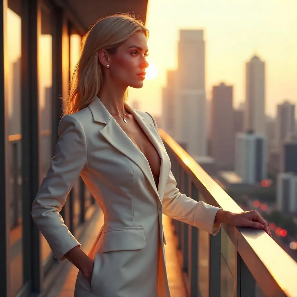 Confident White Woman on a Balcony — Digital Art Portrait