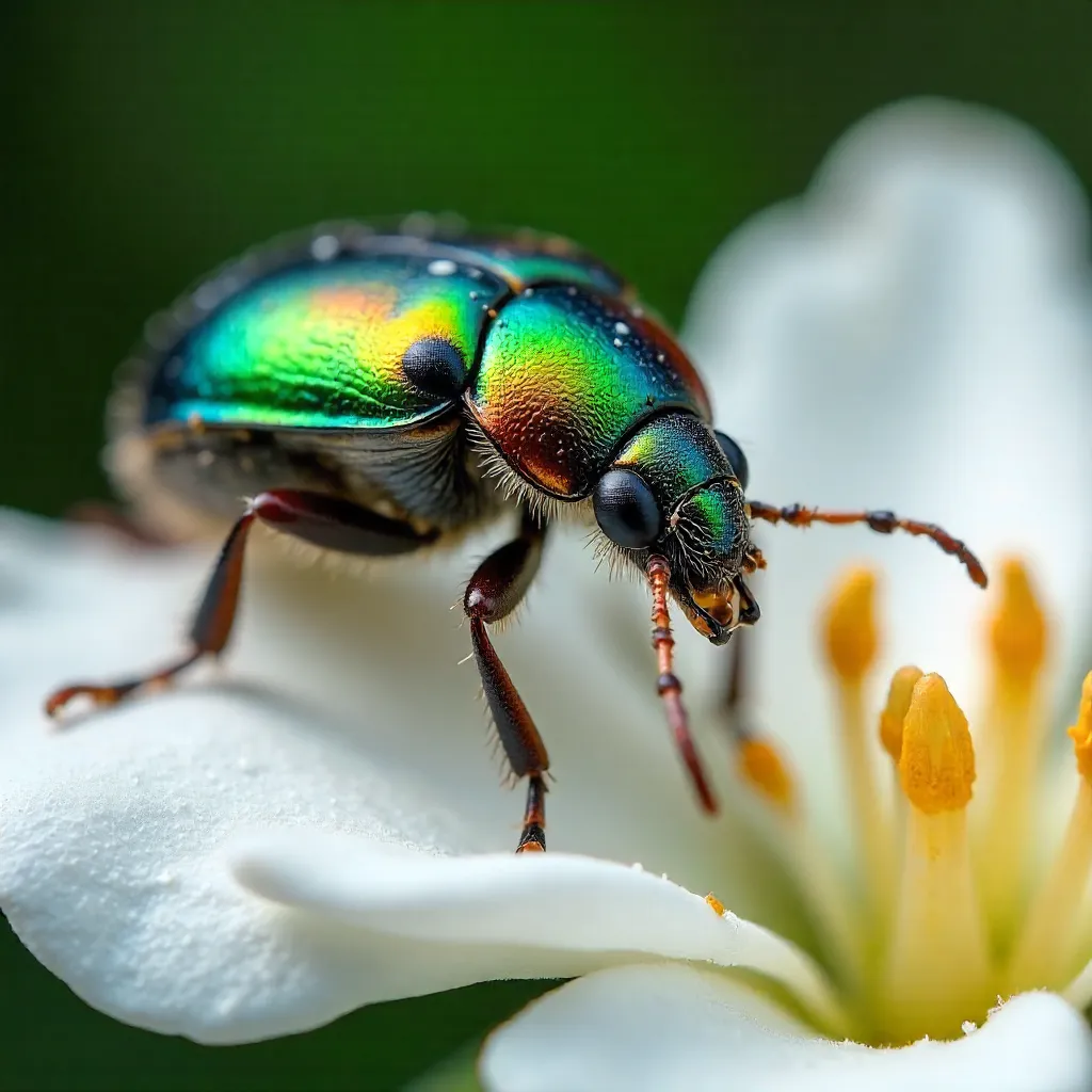 Macro Beetle on White Flower: Delicate Details