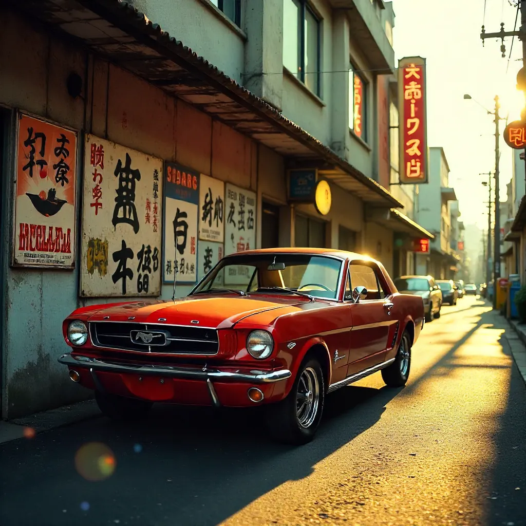 Classic Car by a Wall of Vintage Japanese Signs