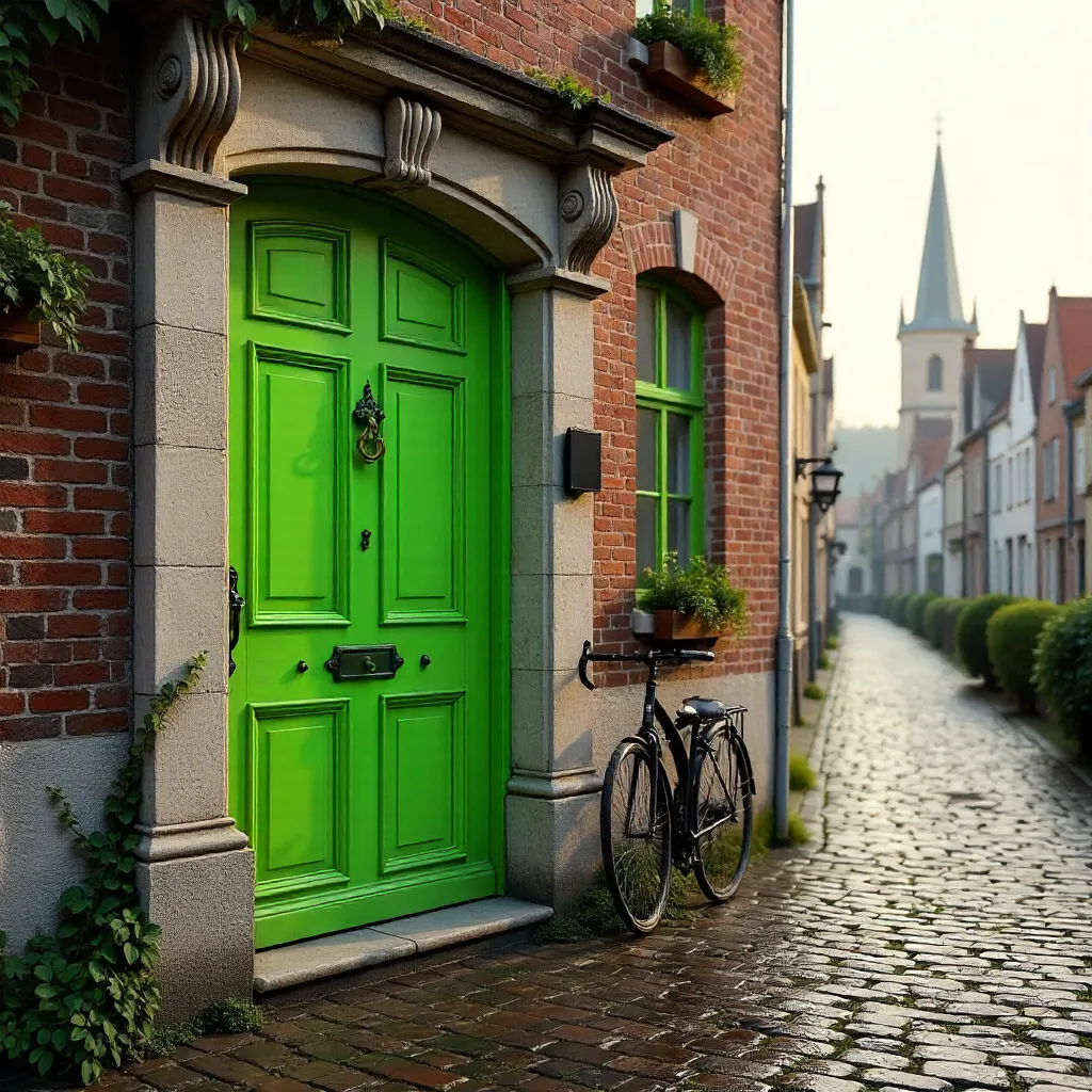 Lime Green Door on Bruges Historic Facade
