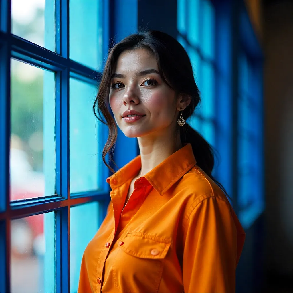 Orange Shirt in a Blue Window: Bold Color Contrast