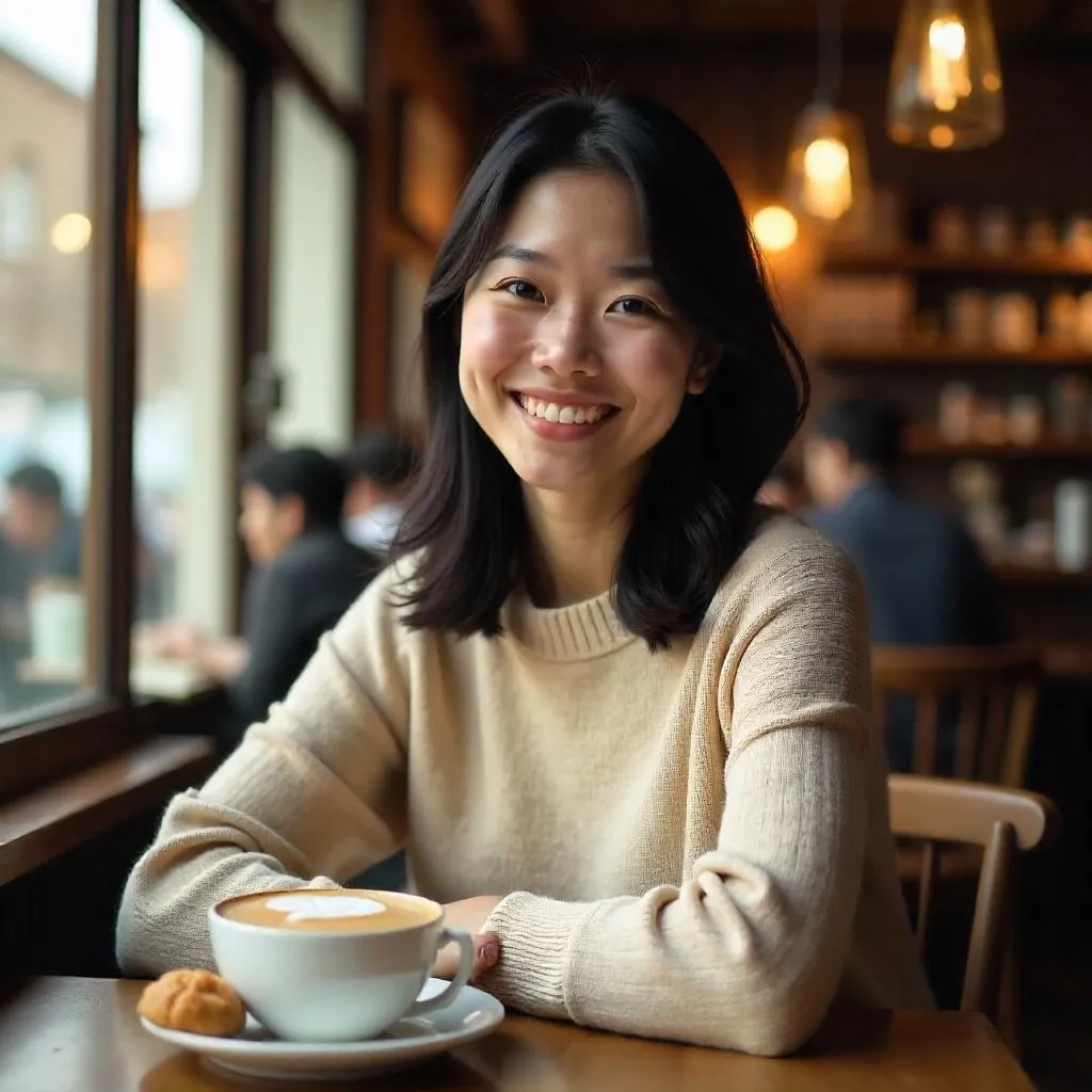 Cheerful Asian Woman in a Cozy Coffee Shop