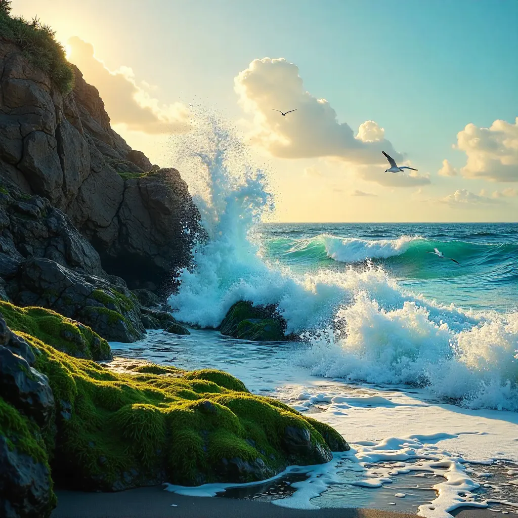 Vibrant Seaside: Moss-Covered Rocks and Roaring Waves