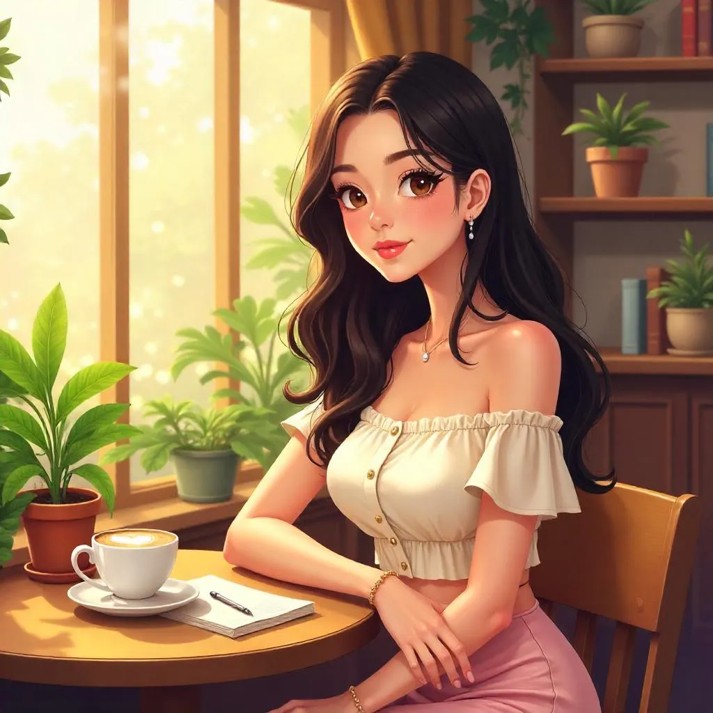 Latina Woman in Anime Style at a Cozy Cafe