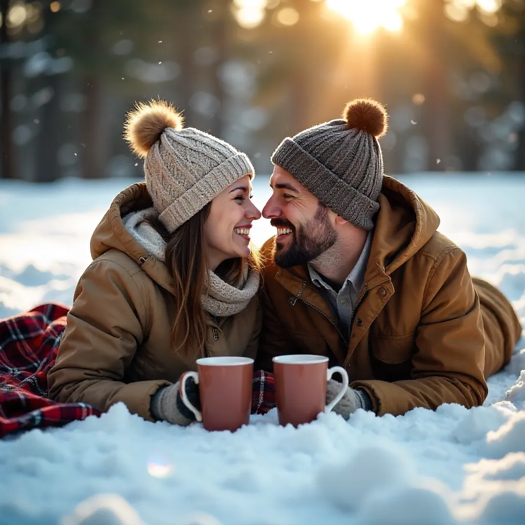 Snowy Joy: Playful Winter Love Moment