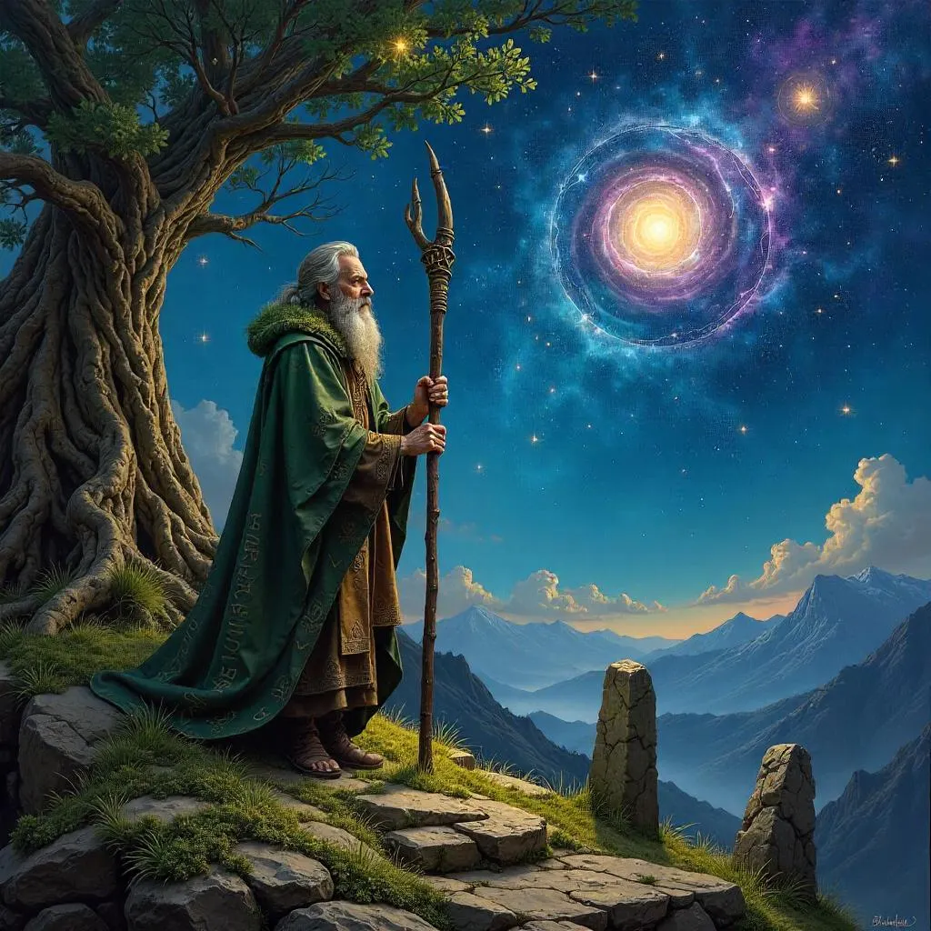 Druid Among the Starry Sky: An Oil Painting