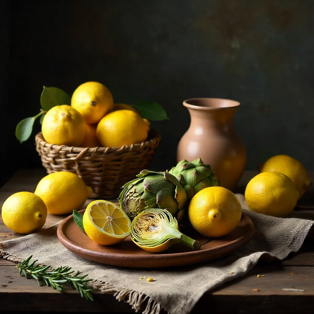 Rustic Table Still Life: Lemons and Artichokes