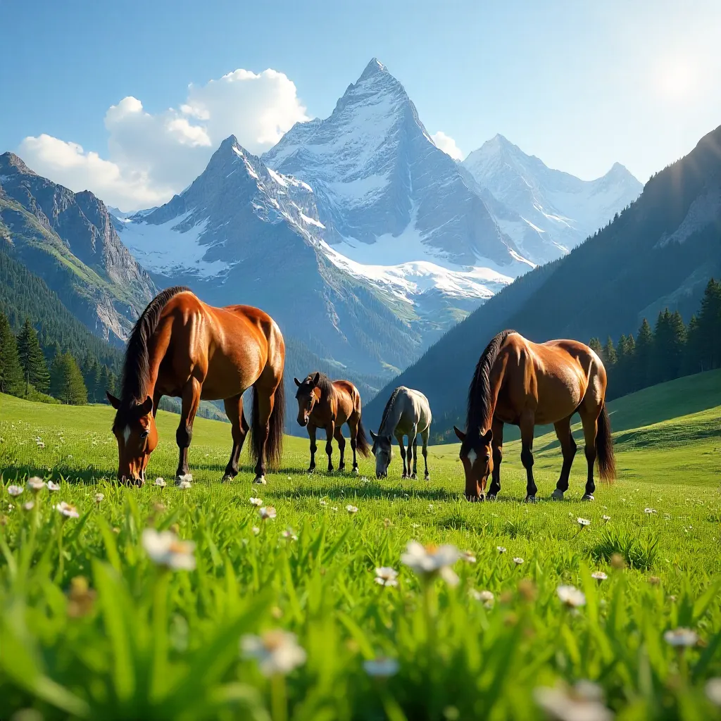 Horses Grazing Under Snowy Peaks in a Pristine Meadow