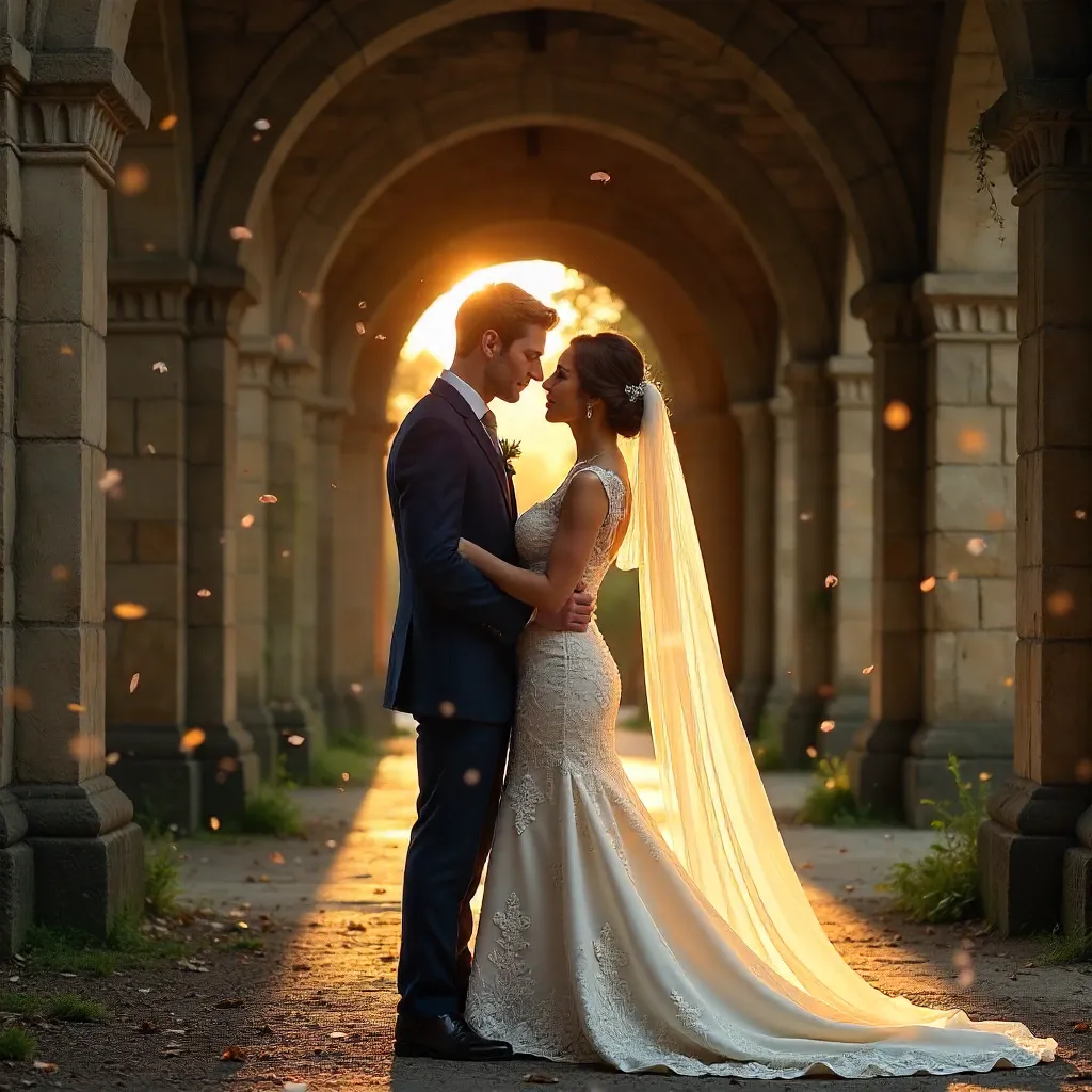 Embrace Beneath Ancient Stone Arches