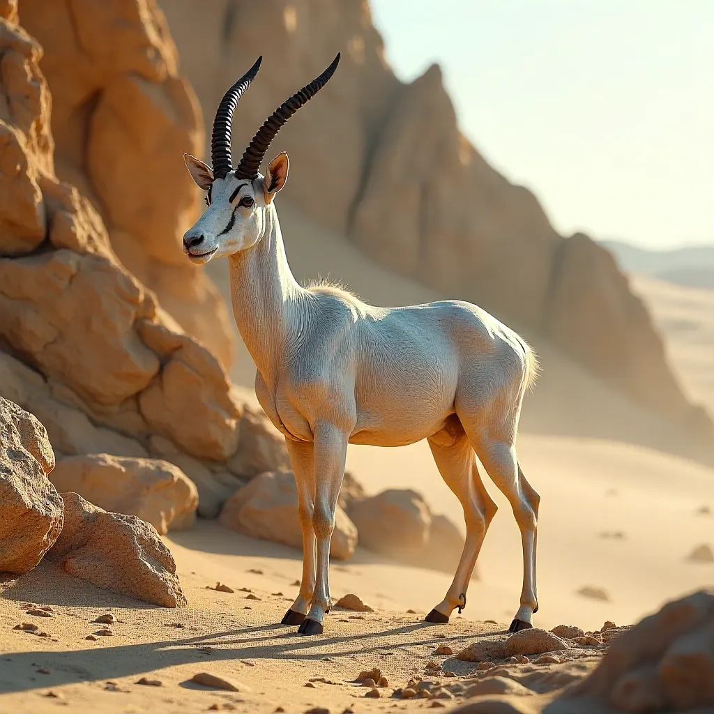 Solitary Addax in Desert Rockscape