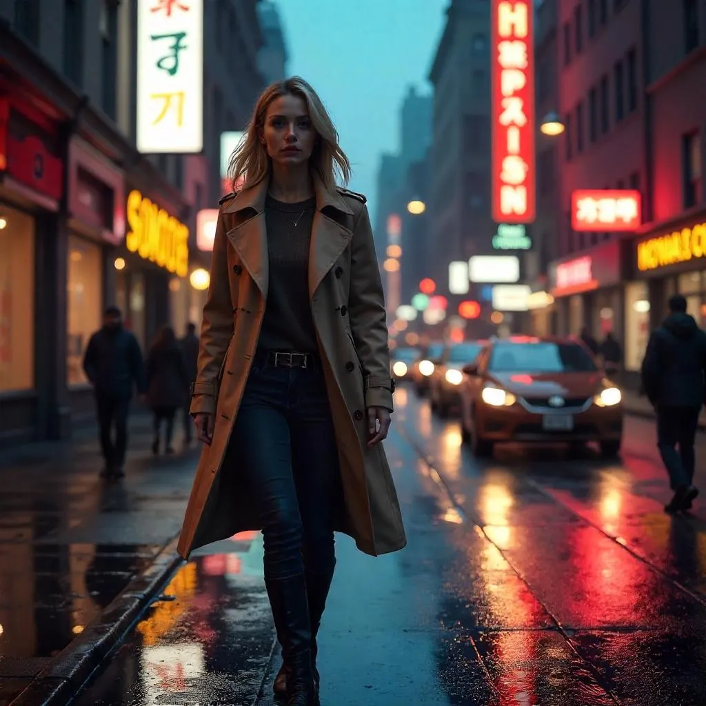 3D Render: White Woman on Neon City Street