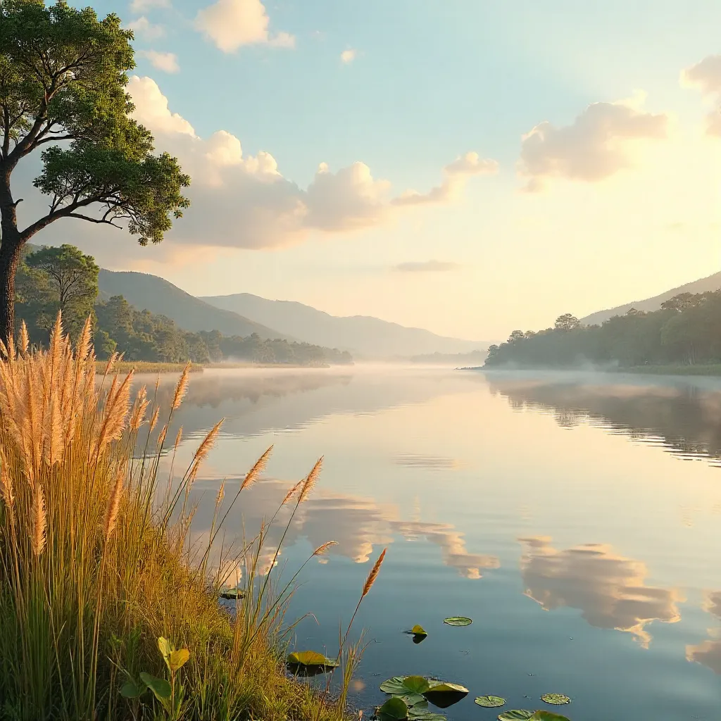 Golden Reed Grass by a Tranquil Lake in Minas Gerais at Dawn