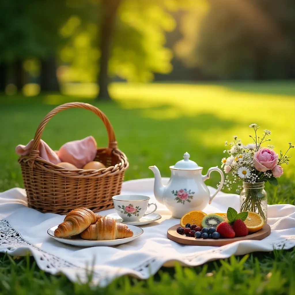 Elegant Outdoor Picnic: Tea, Croissants & Fresh Fruit