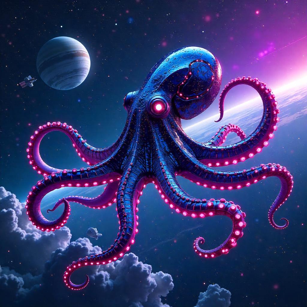 Neon Cyberpunk Octopus Among the Stars
