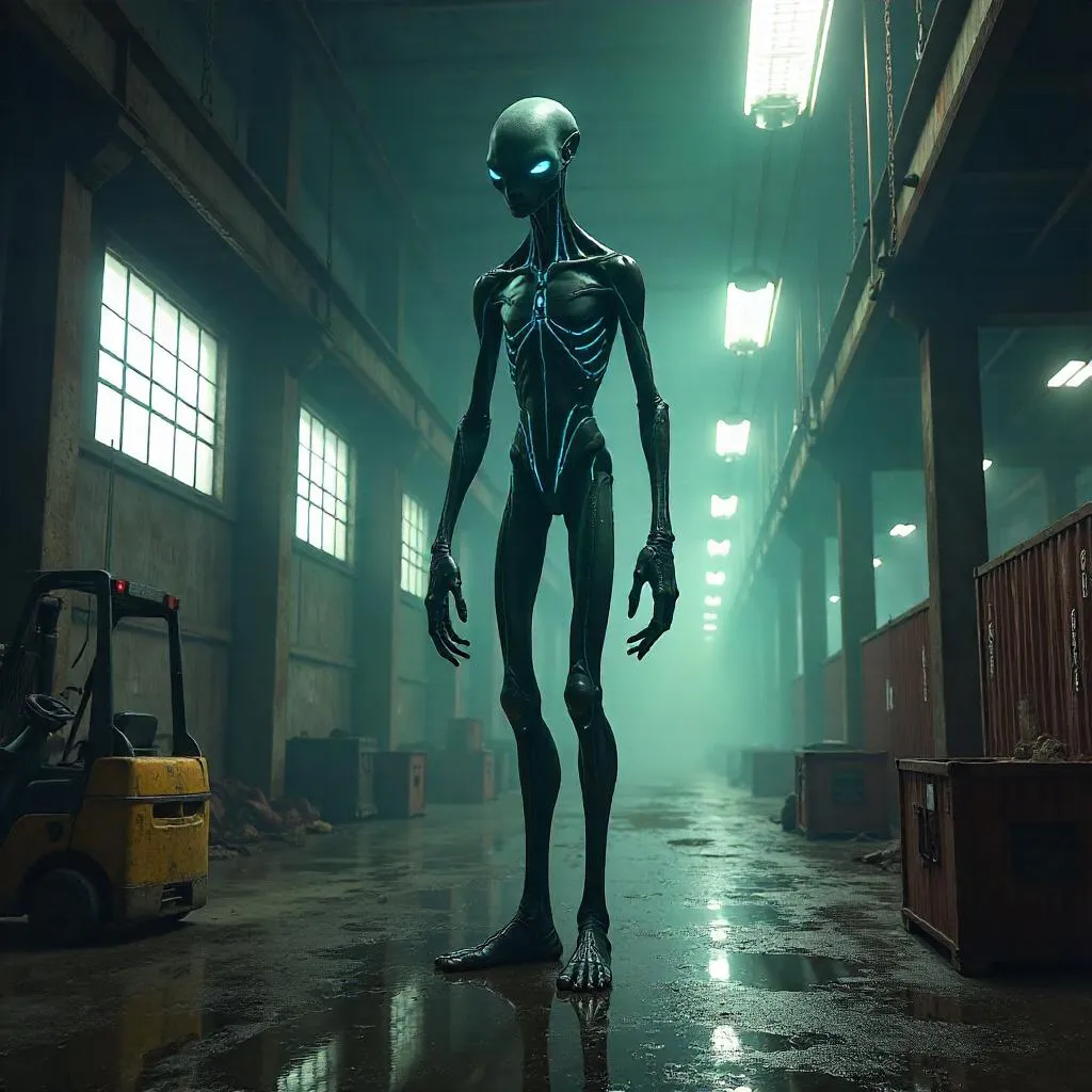 Gaunt Alien in a Dim Warehouse - Concept Art