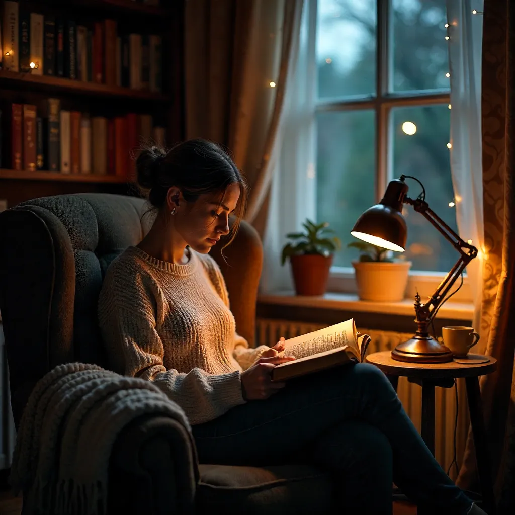 Dimly Lit Reading Nook: Cozy Atmospheric Scene