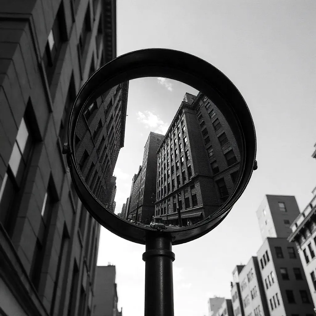 Monochrome City Reflections in a Convex Mirror
