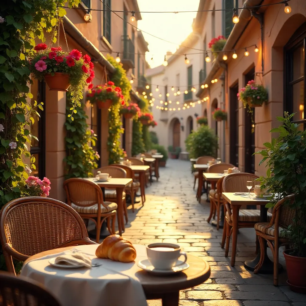 Golden Hour Café Terrace with Wicker Chairs and Florals