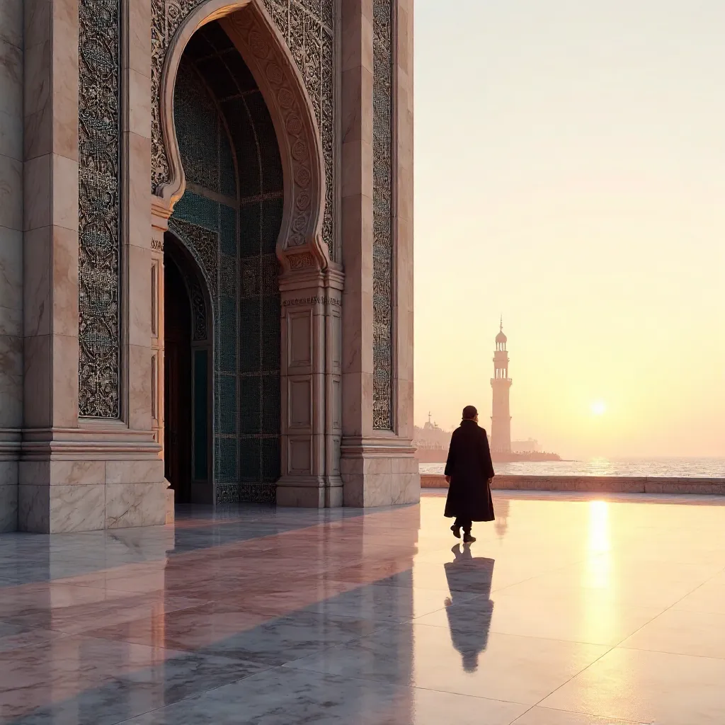 Sunrise Silhouette at Hassan II Mosque Entrance