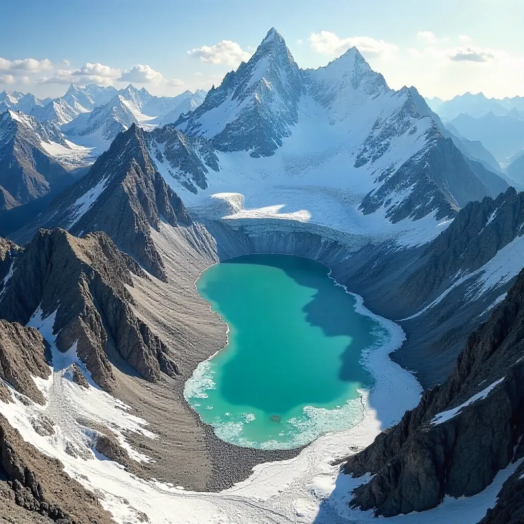 Aerial Majesty: Himalayas Over a Turquoise Glacial Lake