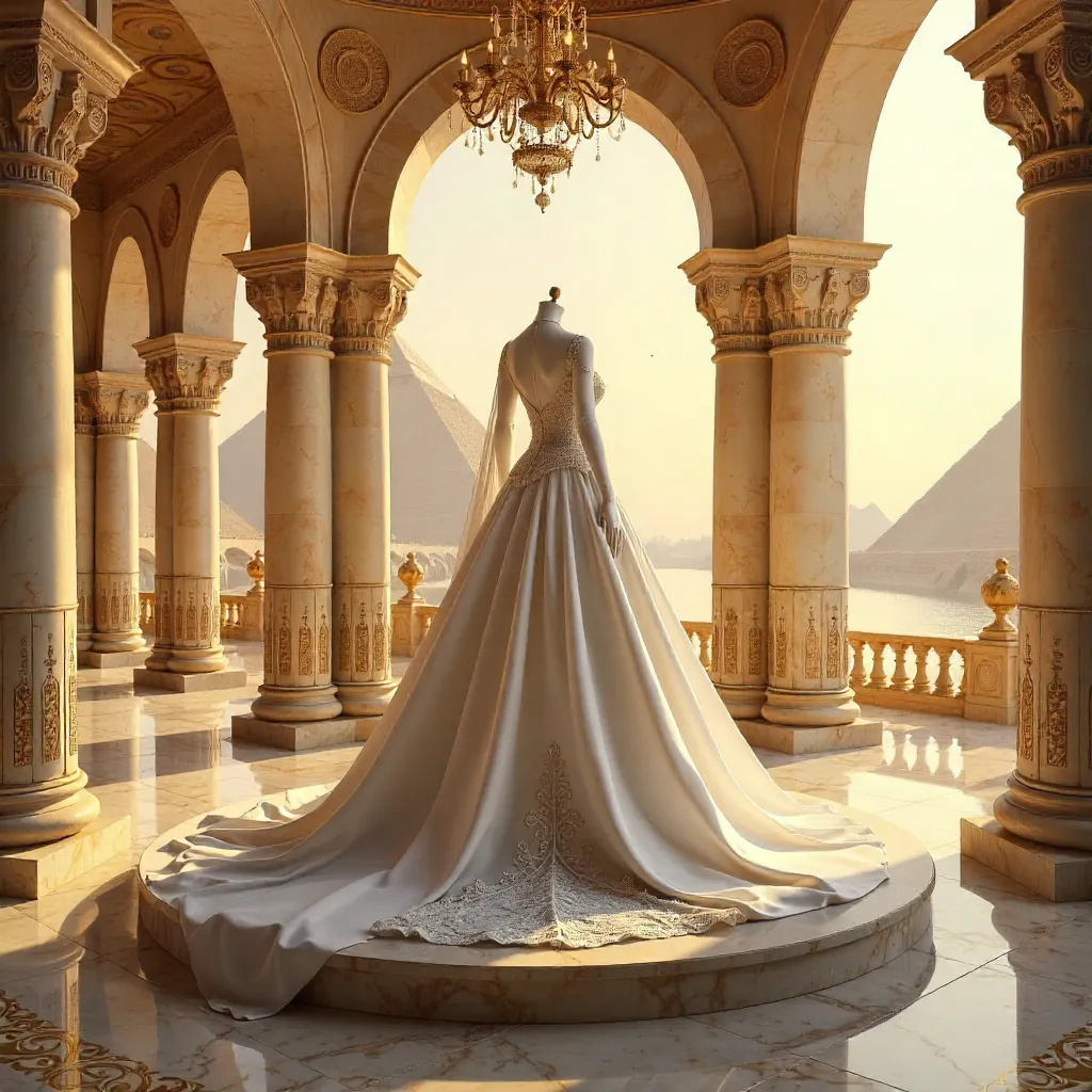 Elegant Egyptian Sunset: White Wedding Dress Display