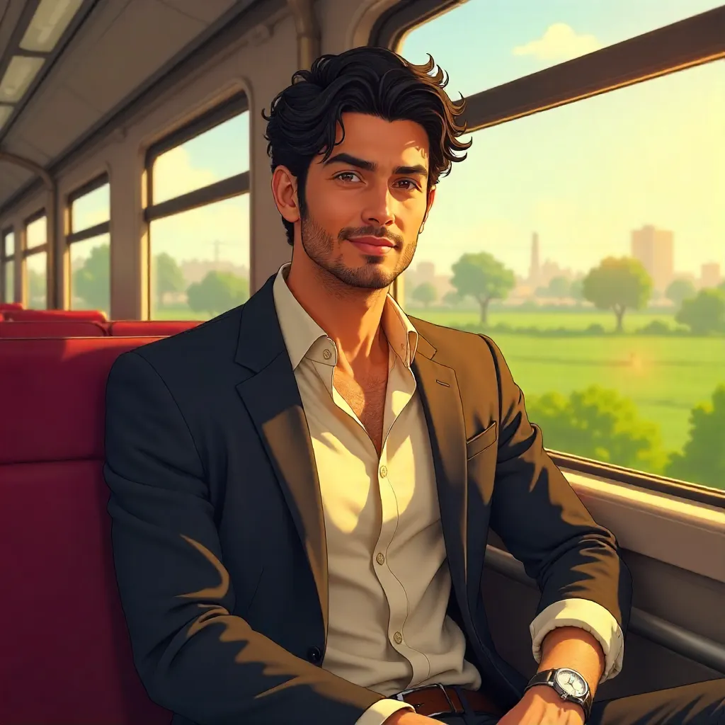Handsome Indian Man in an Anime Train Car