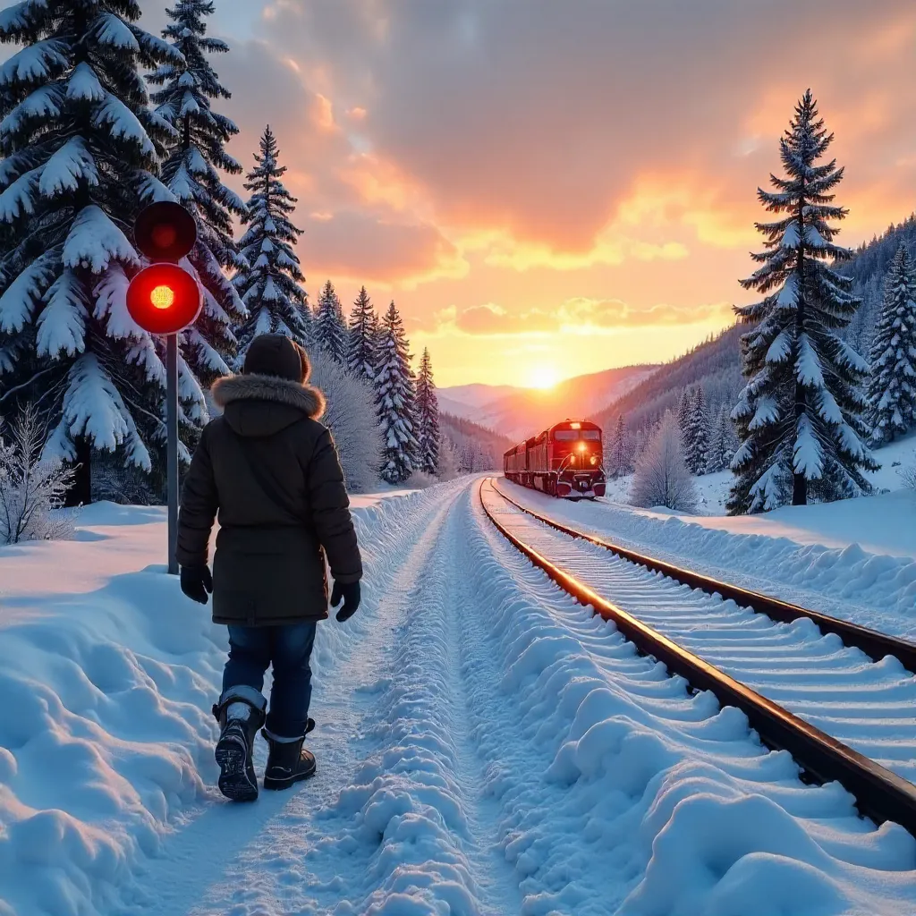 Winter Sunset by a Snowy Canadian Train Crossing