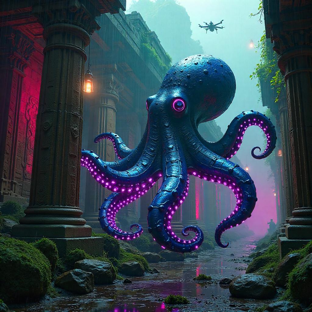 Neon Octopus Over Sacred Temple Ruins