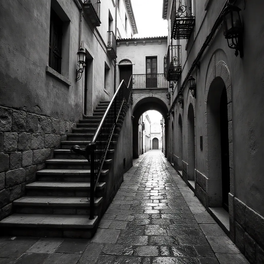 Monochrome Historic Alleyway with Stone Steps