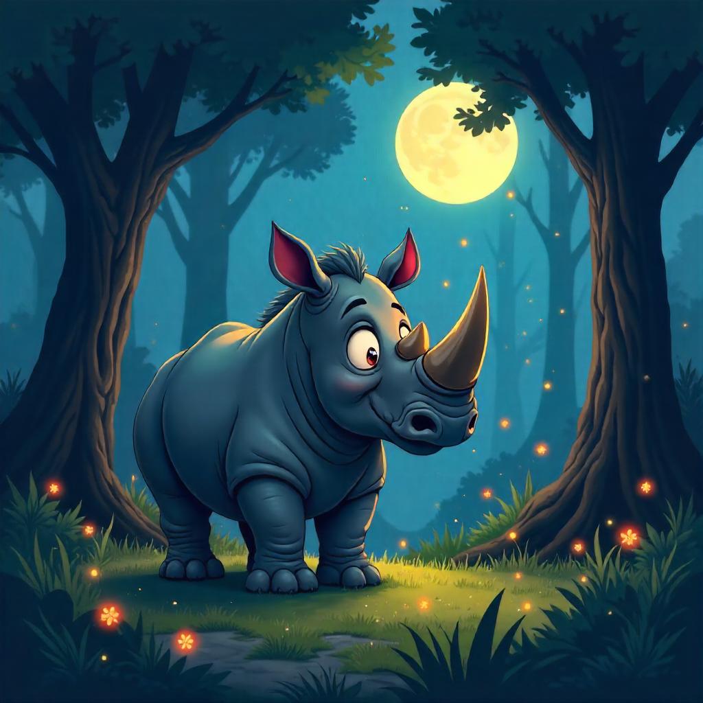 Moonlit Cartoon Rhino in a Dark Forest