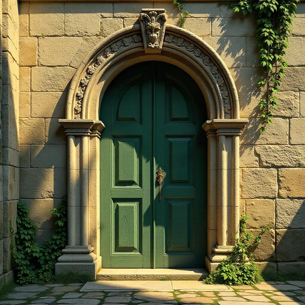 Ancient Archway with Carved Stone and Green Door