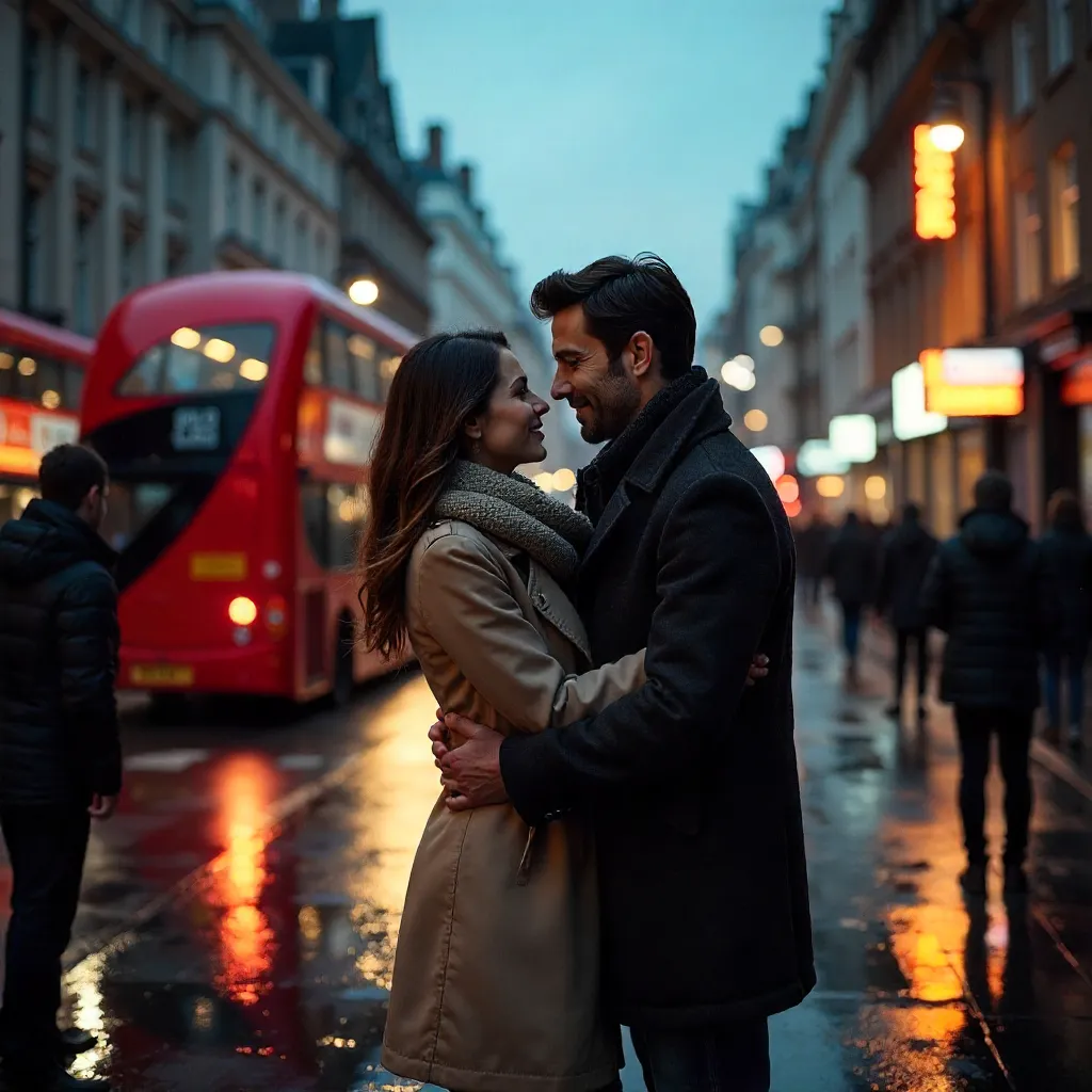Embrace on a City Street as a Red Bus Passes