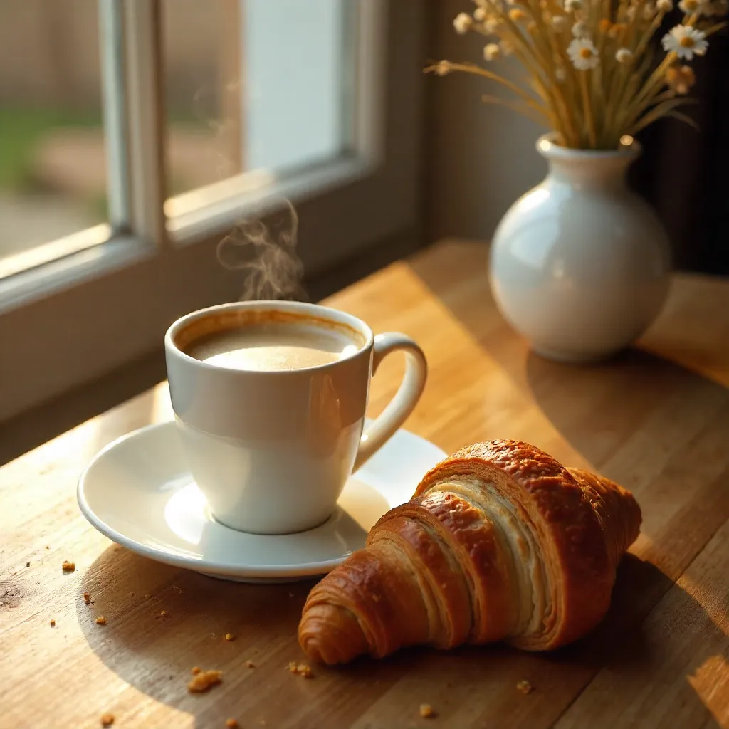 Cozy Morning Coffee and Croissant on a Table