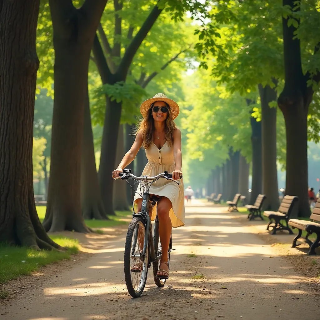 Sunlit Paris Bicycle Ride Through a Tree-Lined Park