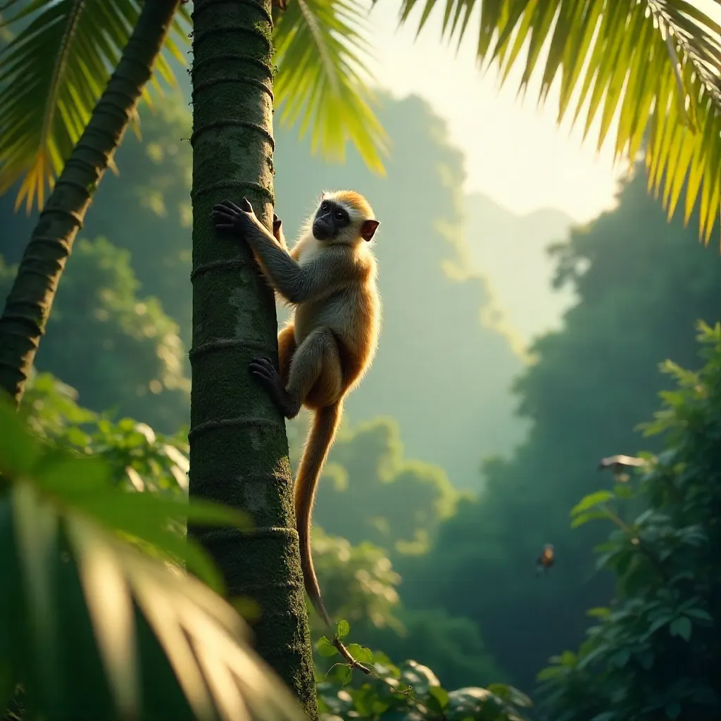 Capuchin Monkey Climbing Palm Tree in Brazilian Jungle