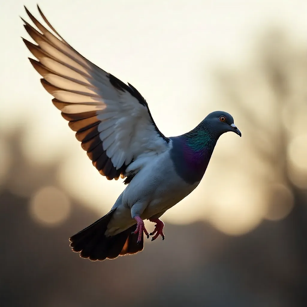 Elegant Pigeon in Flight: Soft-Focus Portrait