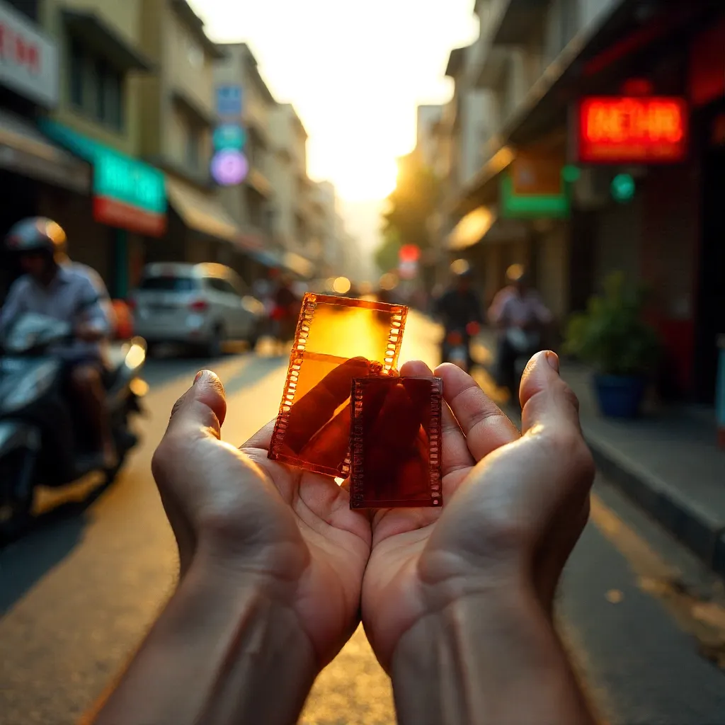 Hands Cradling a Curled Film Roll in HCMC Streets