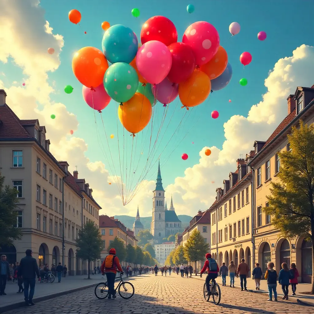 Vibrant Balloons Over Munich Clouds